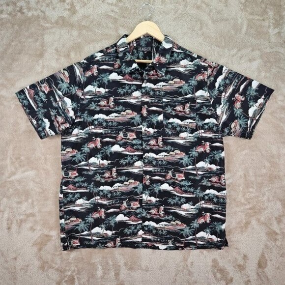 Hawaiian Shirt Mens Size L Aloha Palm Trees Scooters Floral Black Short Sleeve - Picture 1 of 10
